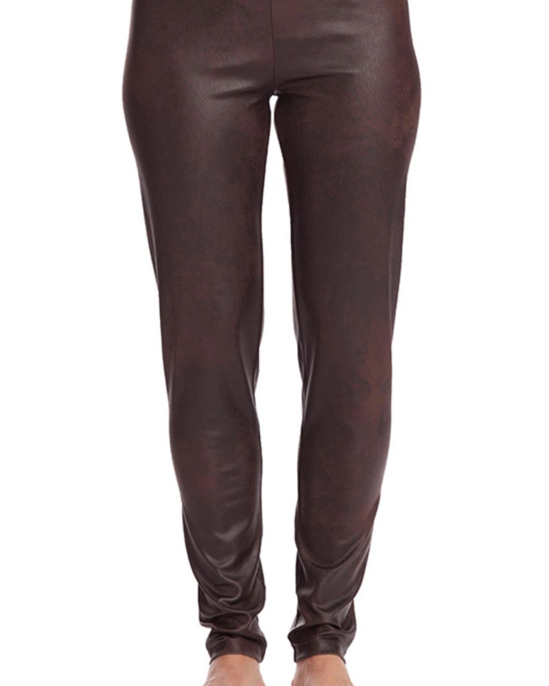 Front of a model wearing a size LG Microfiber Leather Pant In Brown in Brown by ANGEL. | dia_product_style_image_id:358257